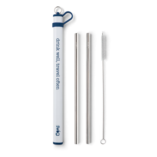 Navy Double Stainless Steel Straw Set - Drink Well, Travel Often
