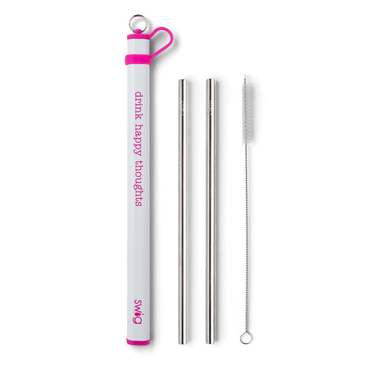 Hot Pink Double Stainless Steel Straw Set - Drink Happy Thoughts
